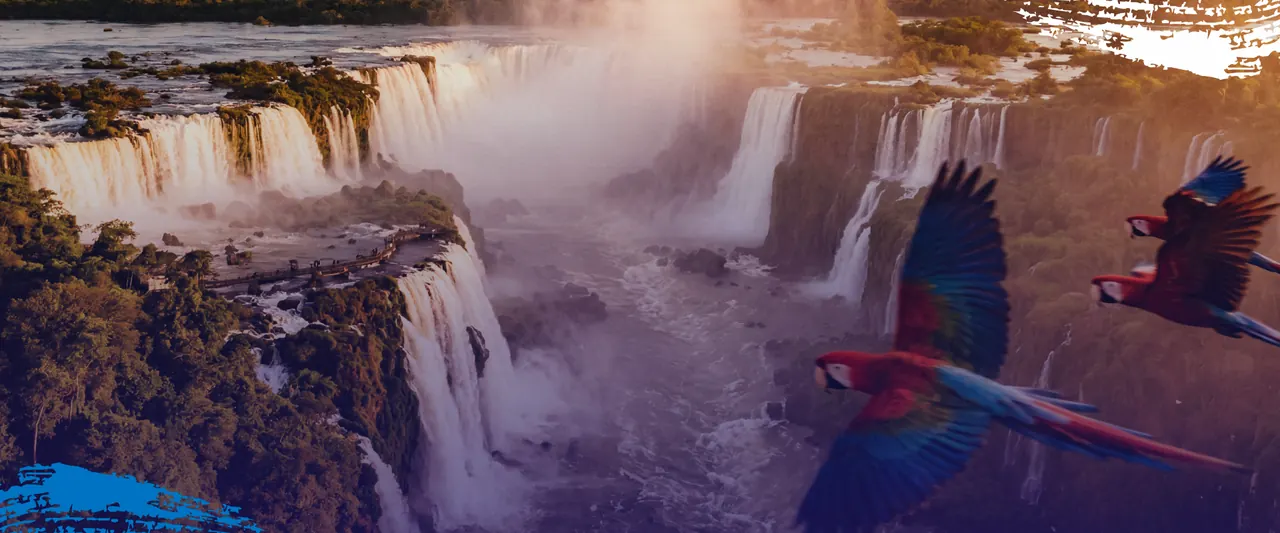 Cataratas do Iguaçu ao entardecer, com araras-vermelhas em voo